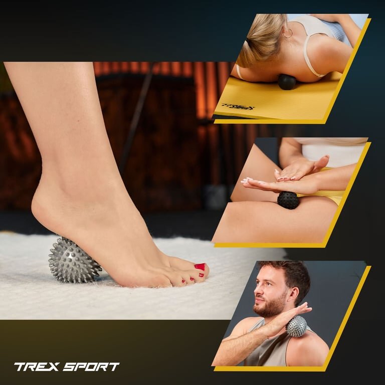 Obraz przedstawia trzy osoby używające piłeczek sensorycznych do masażu różnych części ciała. W lewym dolnym rogu widoczne jest logo \'TREX SPORT\'.
