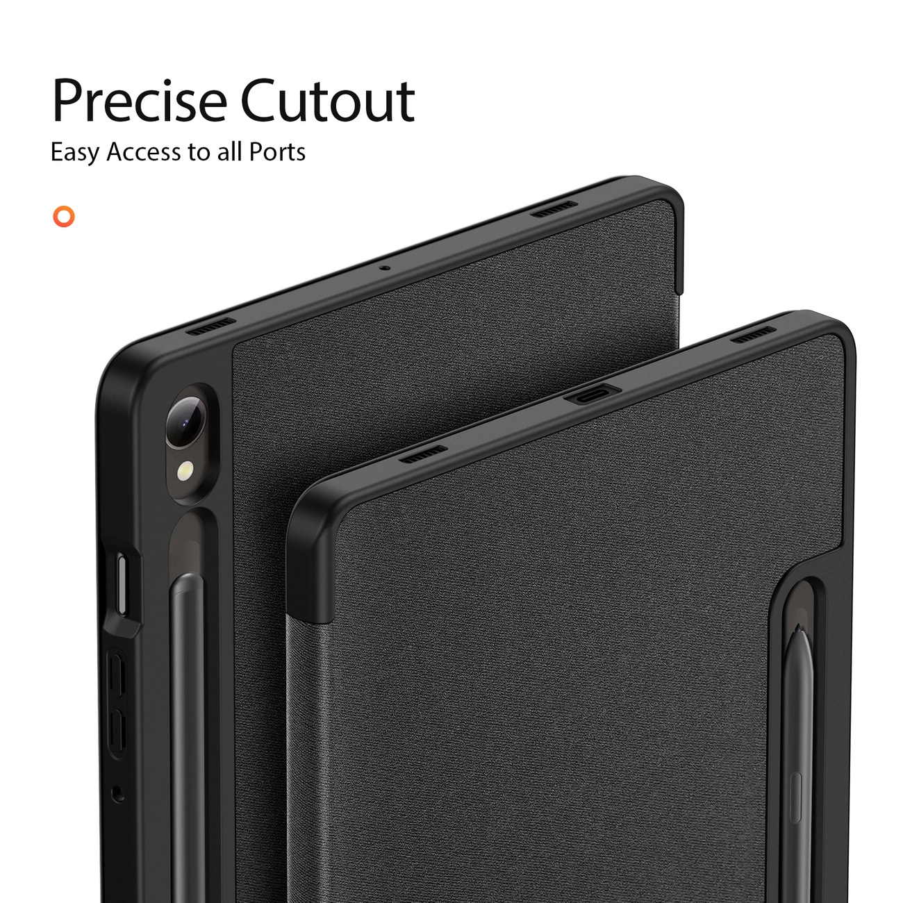 Dwa czarne etui na tablet z wycięciami na aparat i rysik. Tekst na obrazie: \'Precise Cutout Easy Access to all Ports\'.