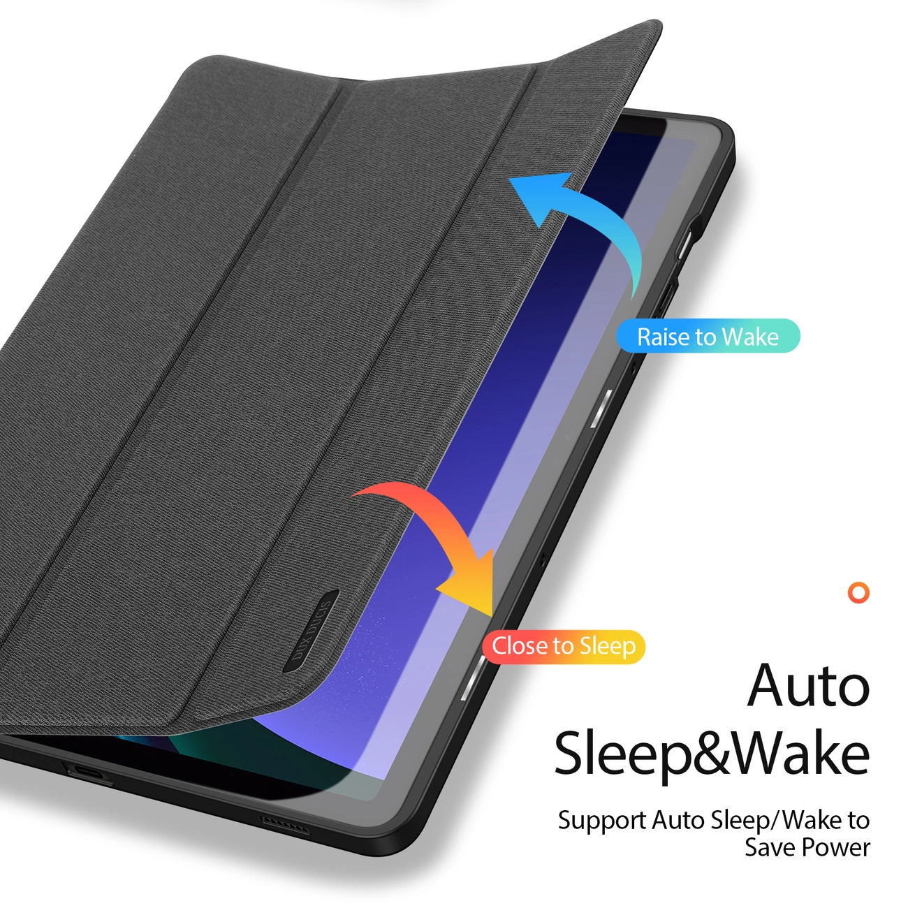 Czarne etui z klapką na tablet z funkcją Smart Sleep i Wake. Na obrazie widoczne są strzałki z napisami \'Raise to Wake\' i \'Close to Sleep\', oraz tekst \'Auto Sleep&Wake Support Auto Sleep/Wake to Save Power\'.