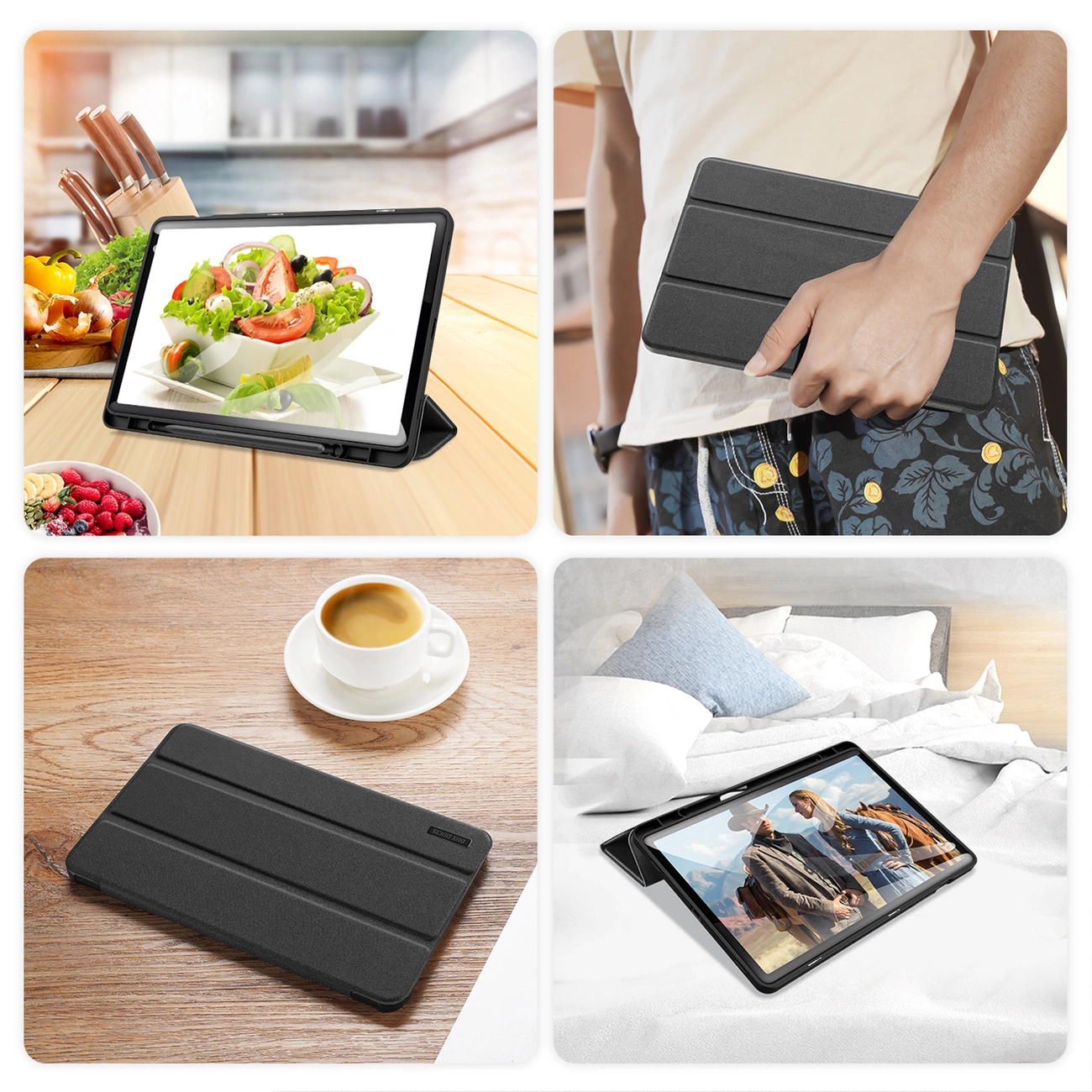 Cztery zdjęcia przedstawiają czarne etui na tablet w różnych sytuacjach: na stole z jedzeniem, trzymane w ręce, leżące obok filiżanki kawy oraz na łóżku z włączonym ekranem. Etui ma funkcję stojaka i jest zamknięte na magnes.