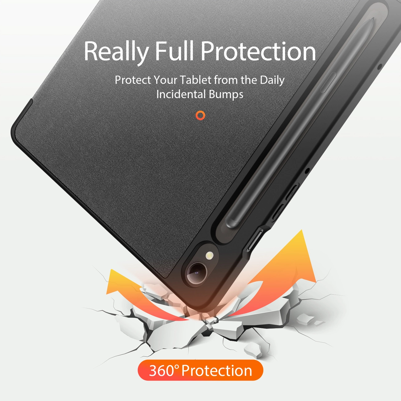 Obraz przedstawia czarne etui na tablet z funkcją ochrony 360 stopni, leżące na powierzchni z pęknięciami. Na górze widoczny jest tekst: \'Really Full Protection Protect Your Tablet from the Daily Incidental Bumps\'.