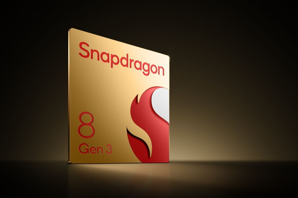 Obraz przedstawia złoty kwadratowy element z czerwonym logo i napisem \'Snapdragon 8 Gen 3\'.