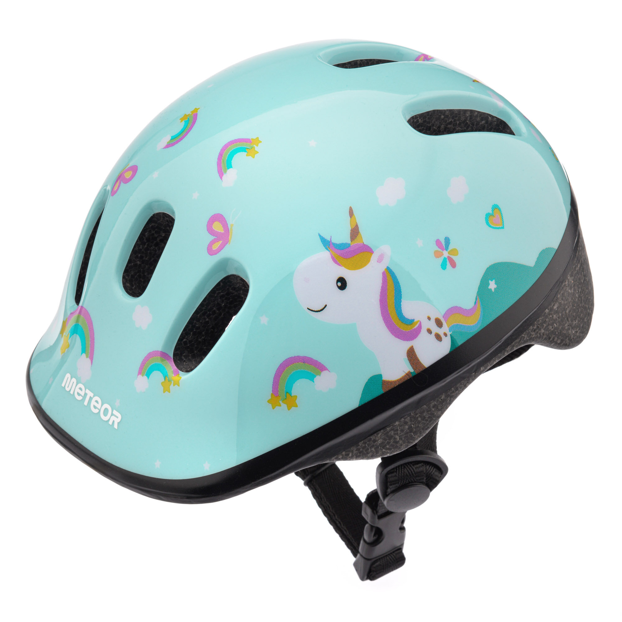 Kask rowerowy w kolorze miętowym z grafiką jednorożca, tęcz i chmur. Widoczne logo \'METEOR\'.