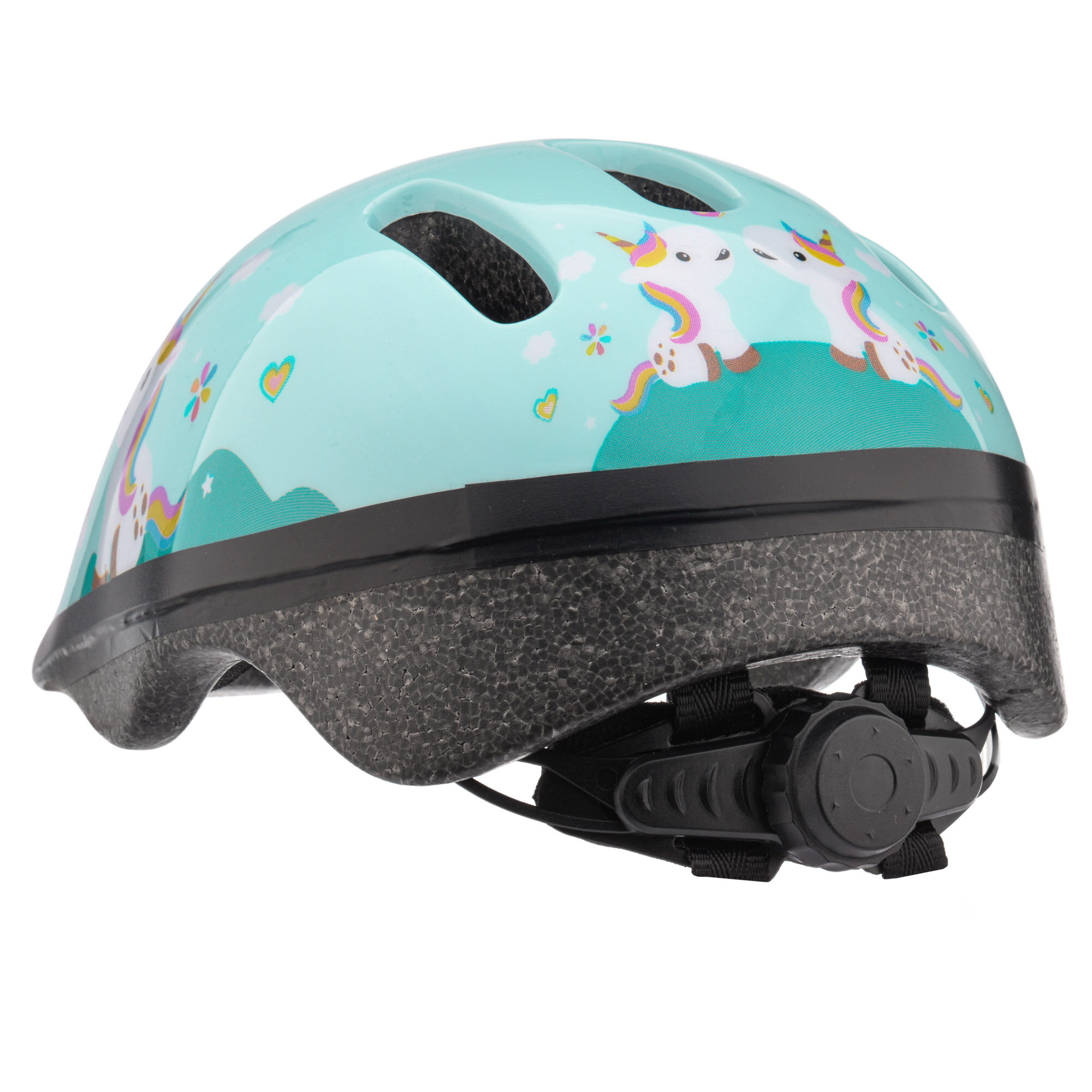 Kask rowerowy w kolorze miętowym z grafiką jednorożców i tęczowych elementów. Posiada regulację z tyłu oraz otwory wentylacyjne.