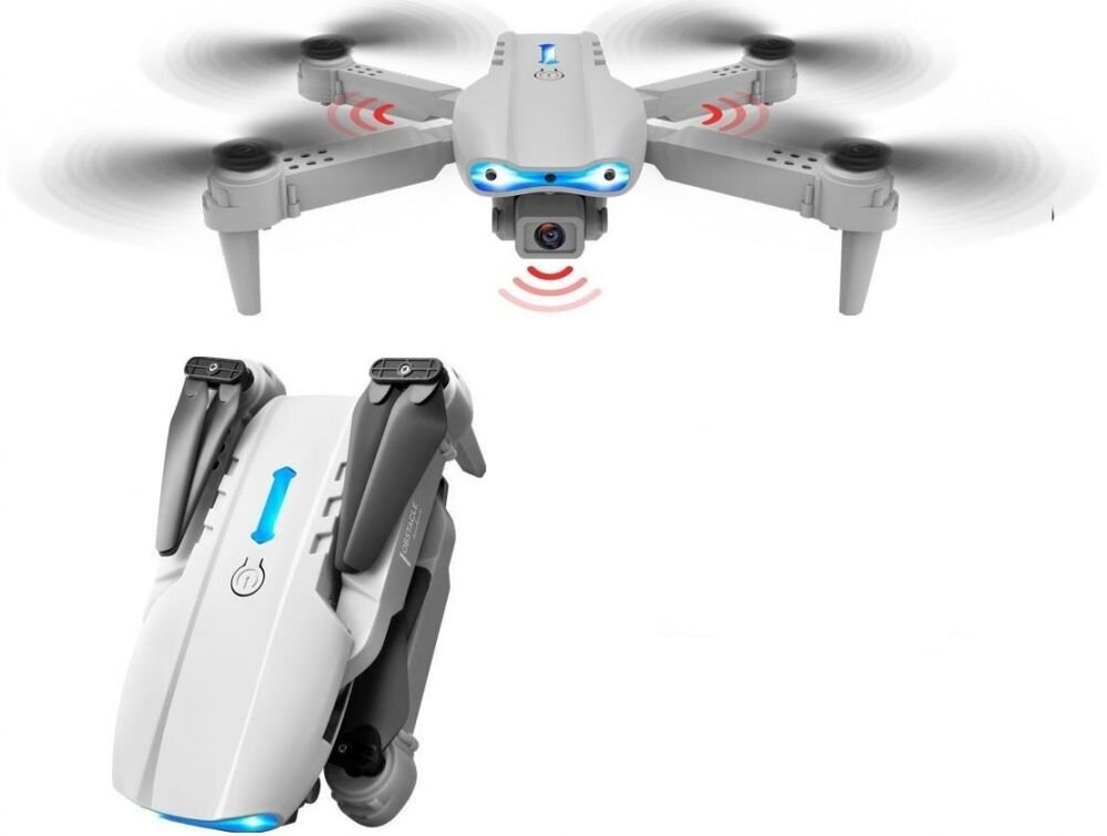 Na obrazie widoczny jest biały dron z rozłożonymi śmigłami oraz jego złożona wersja. Dron ma kamerę i niebieskie podświetlenie, a wokół niego widoczne są czerwone fale symbolizujące sygnał.
