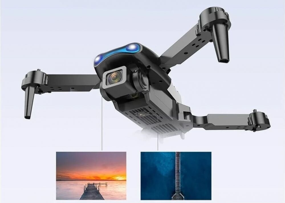 Na obrazie widoczny jest dron z rozłożonymi ramionami i kamerą z przodu. Pod dronem znajdują się dwa zdjęcia przedstawiające krajobrazy: zachód słońca nad wodą i widok z lotu ptaka na most.