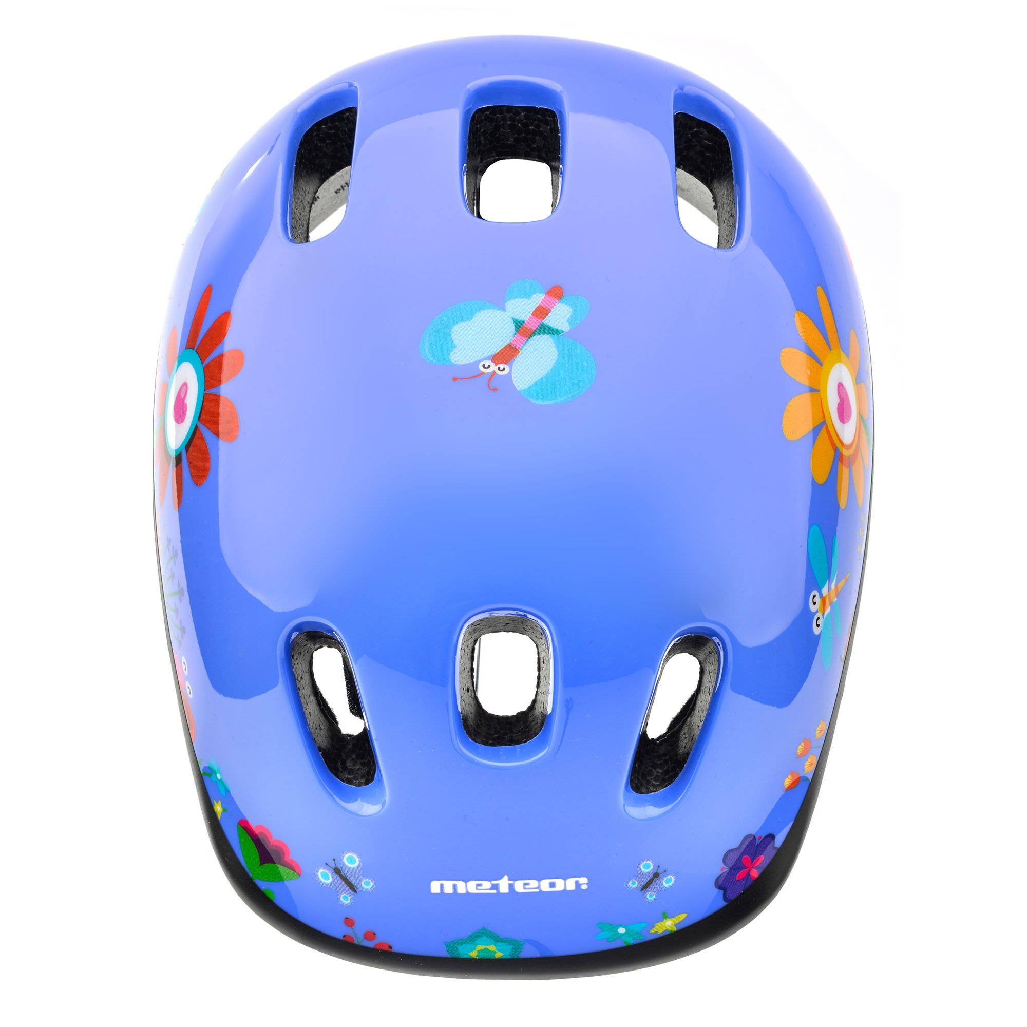 Niebieski kask rowerowy z kolorowymi motywami kwiatów i motyli oraz logo \'meteor\' na dole. Kask posiada kilka otworów wentylacyjnych.