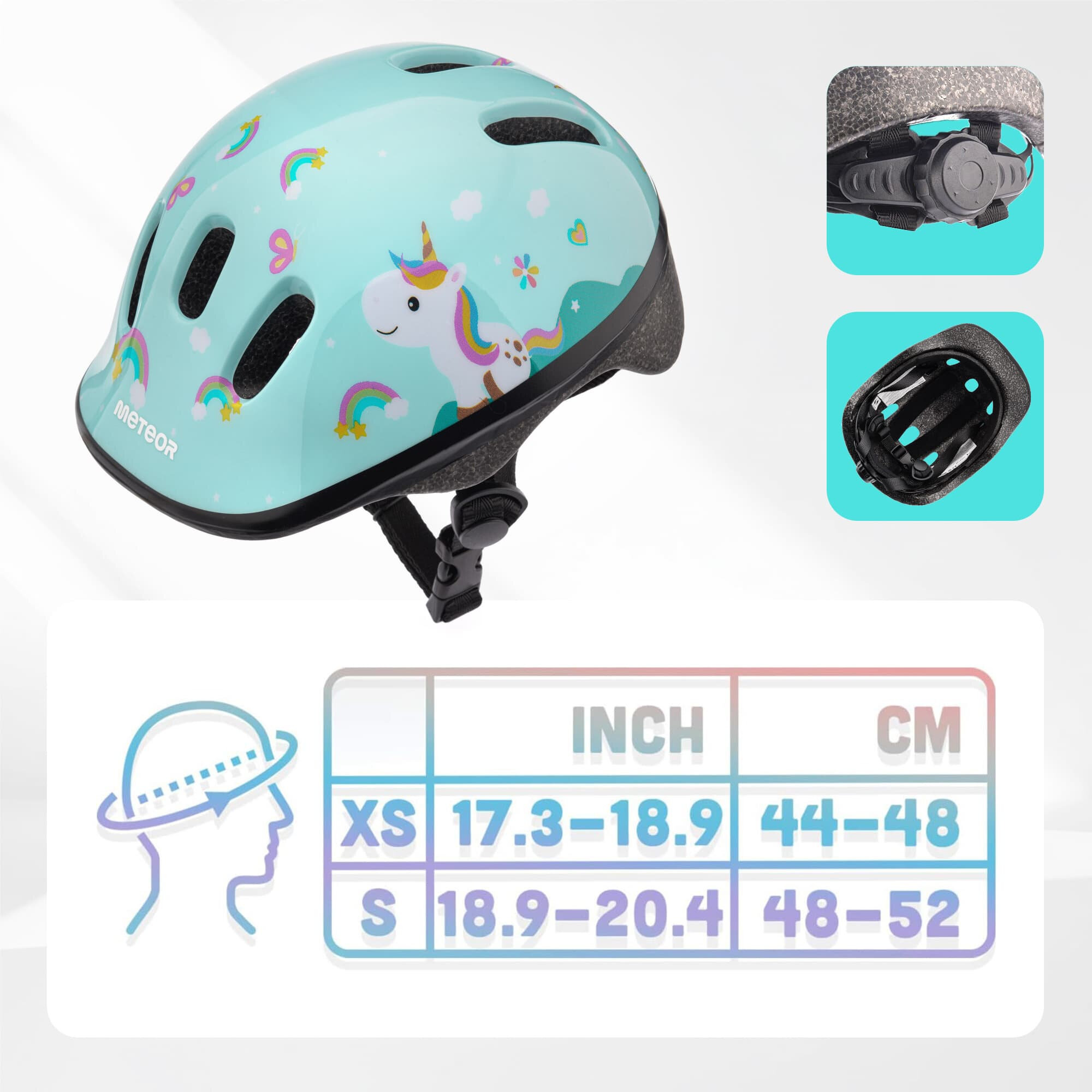 Kask rowerowy w kolorze miętowym z motywem jednorożca i tęczy, posiada logo \'METEOR\'. Obok kasku znajduje się tabela rozmiarów z oznaczeniami XS (17.3-18.9 cali, 44-48 cm) i S (18.9-20.4 cali, 48-52 cm).