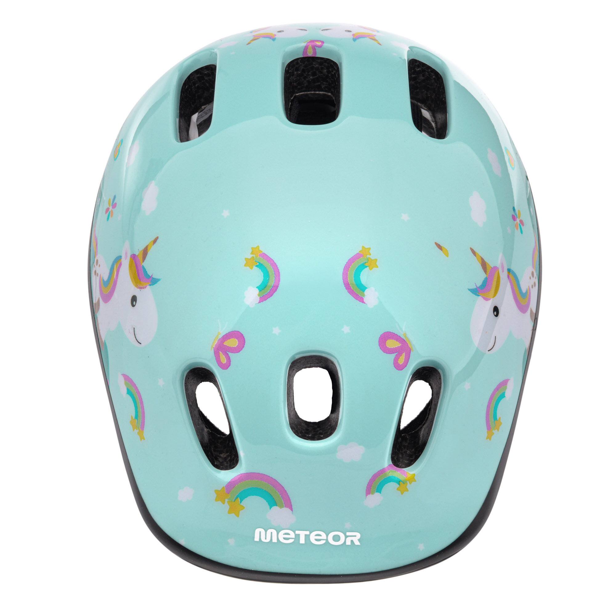 Jasnoniebieski kask rowerowy z motywem jednorożców i tęczy, z widocznym logo \'METEOR\' na dole.