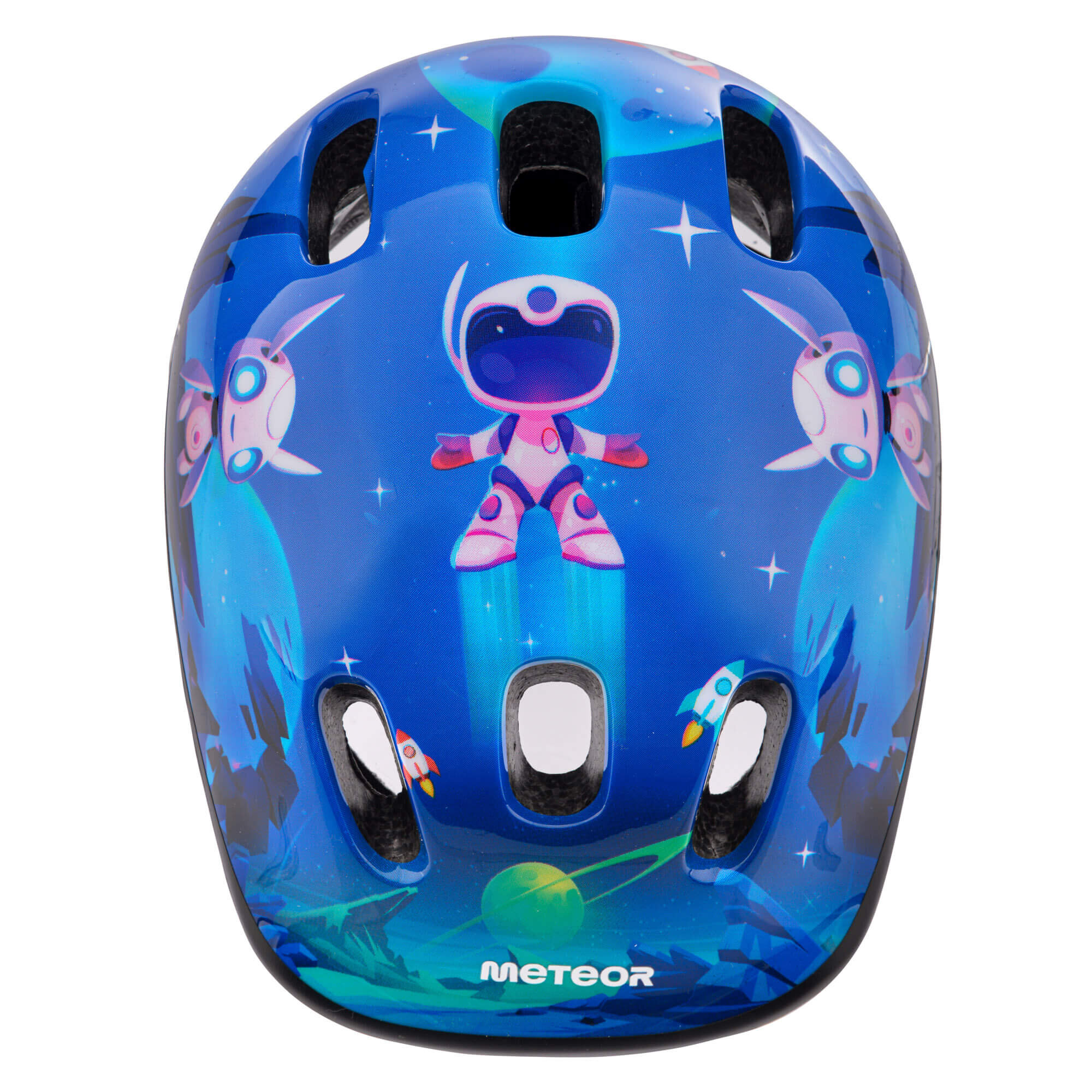 Kask rowerowy w kolorze niebieskim z grafiką przedstawiającą kosmiczne motywy, w tym postać w skafandrze i rakiety. Na dole widoczne jest logo \'METEOR\'.