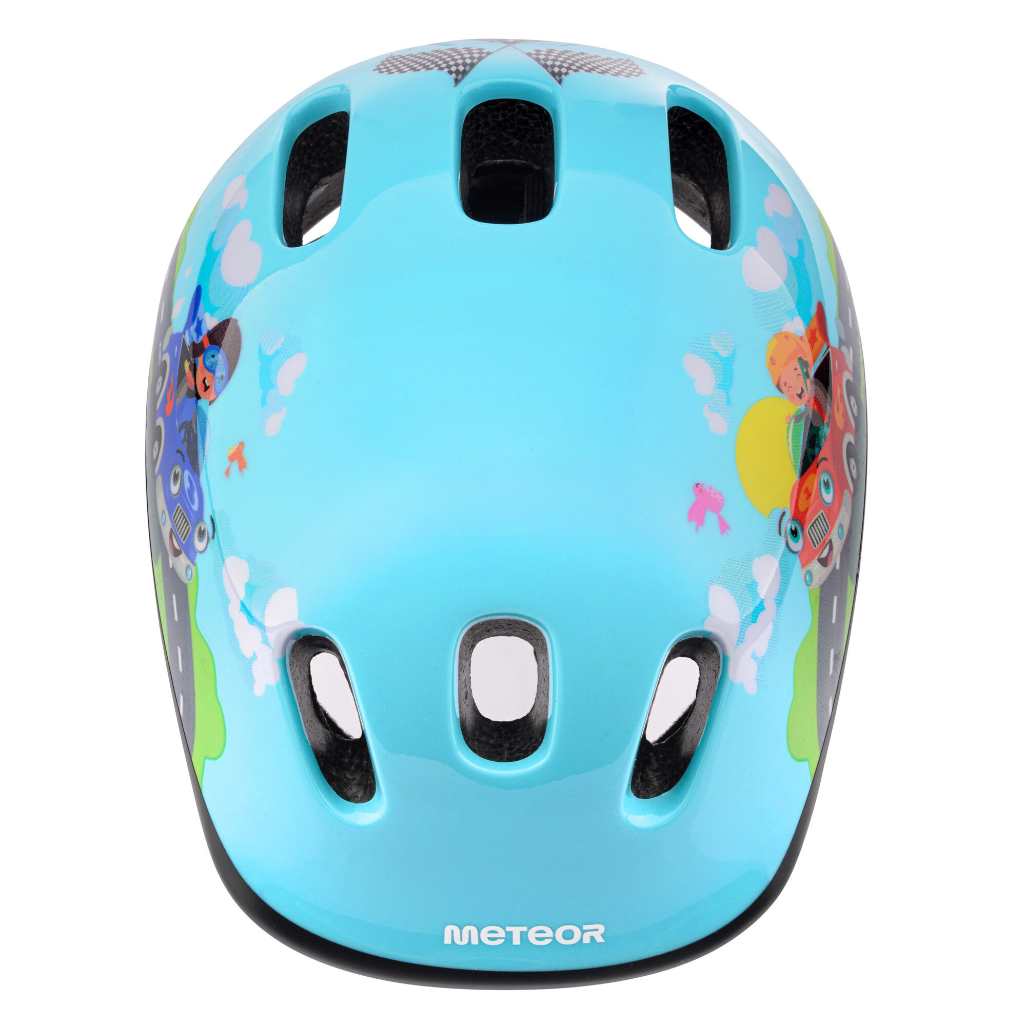 Niebieski kask rowerowy z kolorowymi ilustracjami samochodów i chmur. Na dole widoczne jest logo \'METEOR\'.