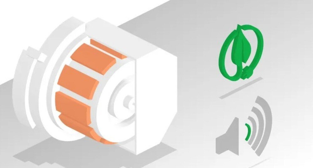 Grafika przedstawia schematyczny rysunek elementu mechanicznego z pomarańczowymi segmentami oraz zielony symbol liścia w okręgu. Obok znajduje się ikona głośnika z falami dźwiękowymi.