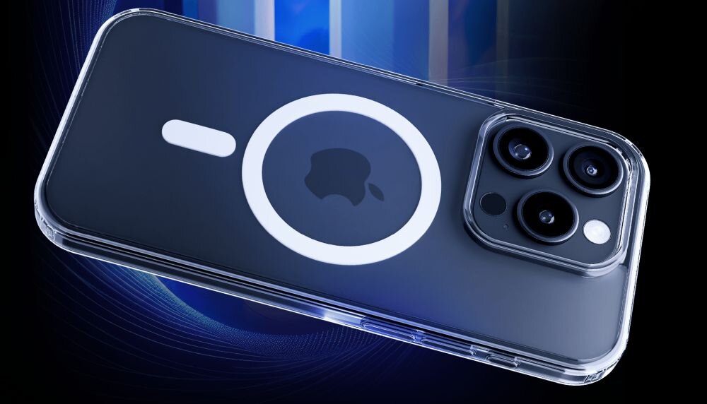Przezroczyste etui na telefon z widocznym logo w kształcie jabłka oraz okrągłym wzorem na środku. W tle widoczne są niebieskie, pionowe pasy świetlne.