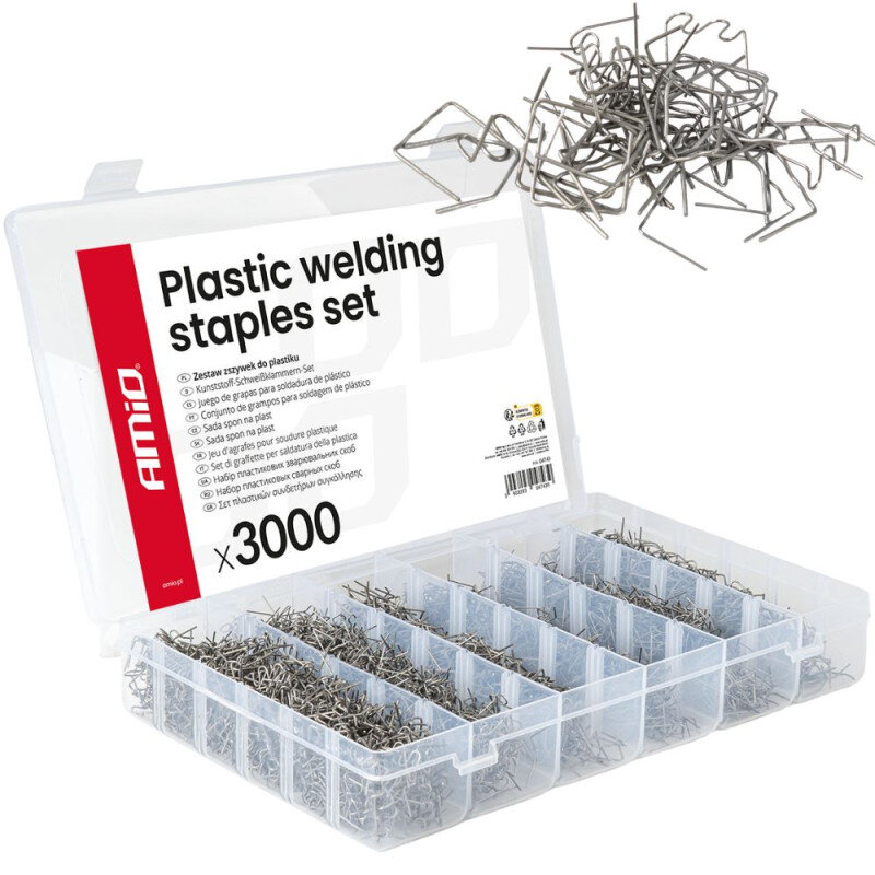 Przezroczyste pudełko z przegródkami zawiera metalowe zszywki do zgrzewarki plastiku. Na wieczku widoczny jest napis \'Plastic welding staples set\' oraz logo \'AMiO\'.