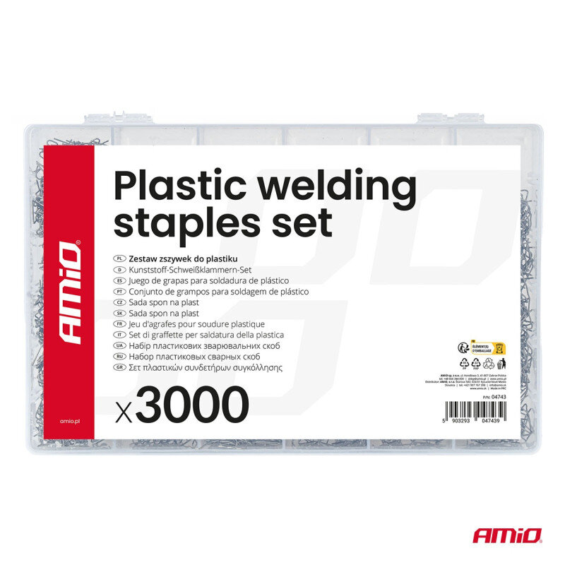 Opakowanie zestawu zszywek do plastiku z napisem \'Plastic welding staples set\' oraz \'x3000\'. Widoczne logo \'AMiO\' i różne wersje językowe opisu produktu.