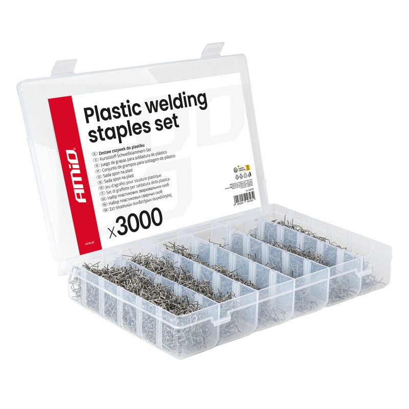 Przezroczyste pudełko z przegródkami zawiera metalowe zszywki. Na wieczku widoczny jest napis \'Plastic welding staples set\' oraz logo \'AMiO\'.
