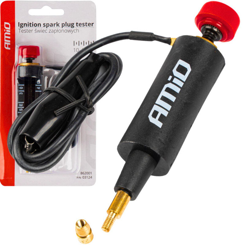 Na obrazie widoczny jest tester świec zapłonowych z napisem \'AMiO\' na czarnej obudowie oraz opakowanie z tekstem \'Ignition spark plug tester Tester świec zapłonowych\'.