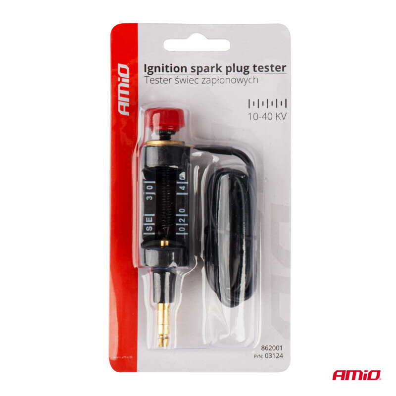 Opakowanie produktu z napisem \'Ignition spark plug tester Tester świec zapłonowych 10-40 kV\'. Widoczny jest tester z czarnym przewodem oraz logo \'AMiO\'.
