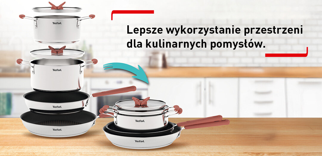 Zestaw garnków TEFAL Opti Space G7378S55 (8 elementów) ustawiony na blacie kuchennym. Obok widoczny jest tekst: \'Lepsze wykorzystanie przestrzeni dla kulinarnych pomysłów.\'