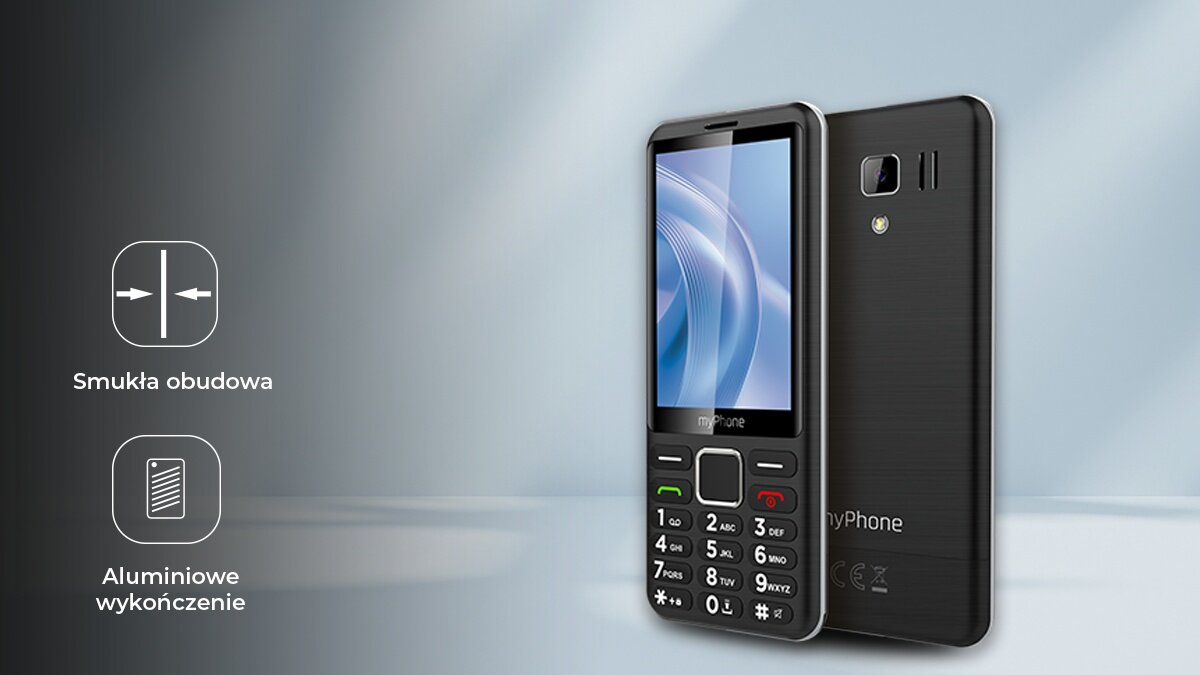 Obraz przedstawia czarny telefon z klawiaturą numeryczną i ekranem, obok którego widnieje tekst: \'Smukła obudowa\' i \'Aluminiowe wykończenie\'.