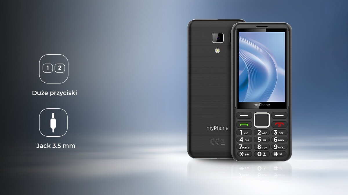 Na obrazie widoczny jest czarny telefon z dużymi przyciskami i ekranem, obok którego znajduje się tekst: \'Duże przyciski\' oraz \'Jack 3.5 mm\'.