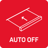 Czerwony kwadrat z białym symbolem okapu i napisem \'AUTO OFF\'.