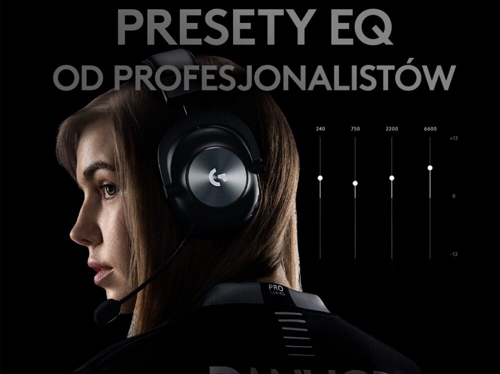 Osoba nosi czarne słuchawki z widocznym logo \'G\'. Na obrazie znajduje się tekst: \'PRESETY EQ OD PROFESJONALISTÓW\' oraz wykres z wartościami 240, 750, 2200, 6600.
