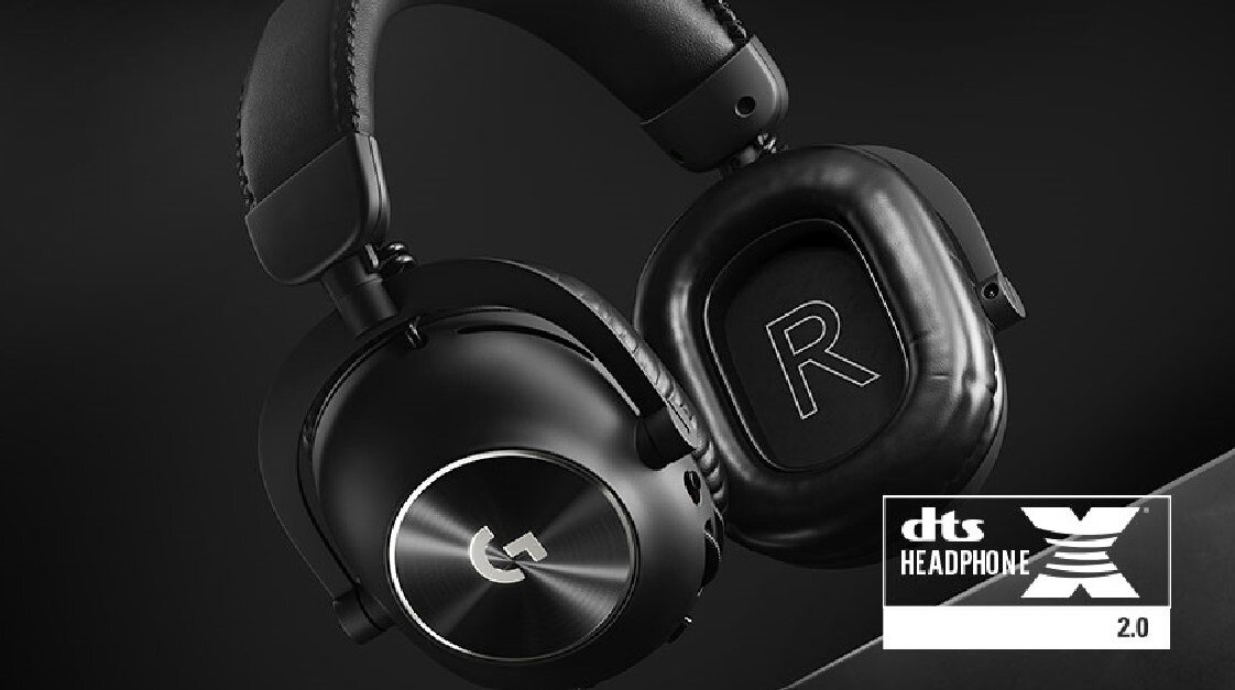Czarne słuchawki nauszne z widocznym logo \'G\' na jednej z muszli. Obok znajduje się logo \'dts HEADPHONE X 2.0\'.