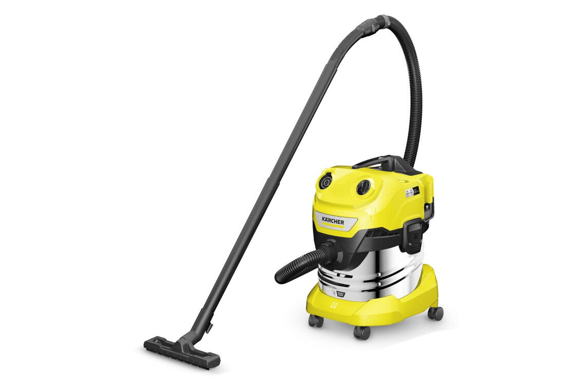 Odkurzacz w kolorze żółtym z czarnymi elementami, z widocznym logo \'KARCHER\' na przedniej części. Posiada długi, czarny wąż ssący zakończony szeroką końcówką do odkurzania.