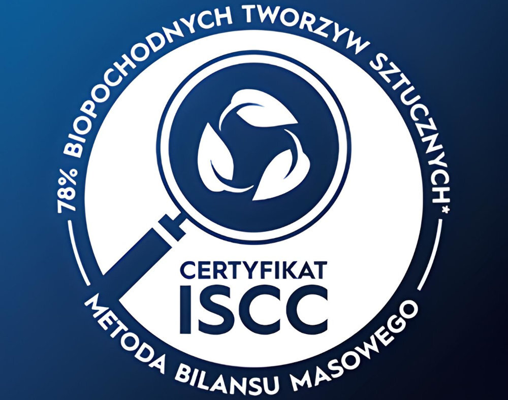 Logo z napisem \'78% biopochodnych tworzyw sztucznych* Metoda bilansu masowego\' oraz \'Certyfikat ISCC\'.