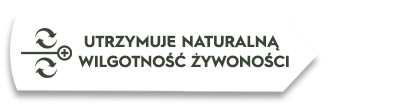 Grafika przedstawia ikonę z dwoma strzałkami i symbolem plusa oraz tekst: \'UTRZYMUJE NATURALNĄ WILGOTNOŚĆ ŻYWNOŚCI\'.