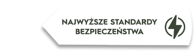 Grafika przedstawia biały napis \'NAJWYŻSZE STANDARDY BEZPIECZEŃSTWA\' obok symbolu błyskawicy w okręgu, na tle w kształcie strzałki.
