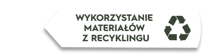 Biały znak w kształcie strzałki z tekstem \'WYKORZYSTANIE MATERIAŁÓW Z RECYKLINGU\' oraz symbolem recyklingu.