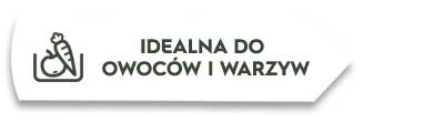 Biała etykieta z ikoną marchewki i jabłka oraz tekstem \'IDEALNA DO OWOCÓW I WARZYW\'.