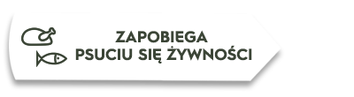 Grafika przedstawia ikonę kurczaka i ryby obok tekstu: \'ZAPOBIEGA PSUCIU SIĘ ŻYWNOŚCI\'.