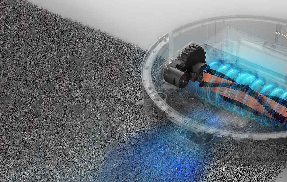 Obraz przedstawia wnętrze robota sprzątającego z widocznym mechanizmem szczotki i przepływem powietrza. W tle znajduje się powierzchnia przypominająca dywan.