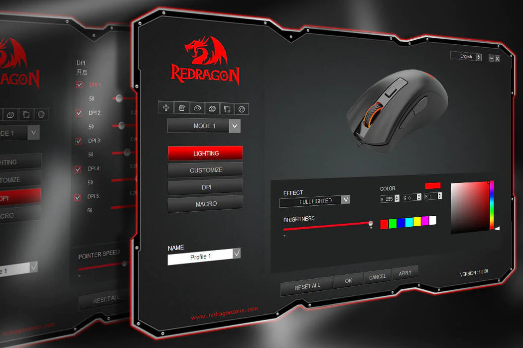 Interfejs oprogramowania do konfiguracji myszy z logo Redragon, pokazujący opcje ustawień oświetlenia, DPI i makr. Widoczny jest obraz myszy oraz paleta kolorów do wyboru efektów świetlnych.