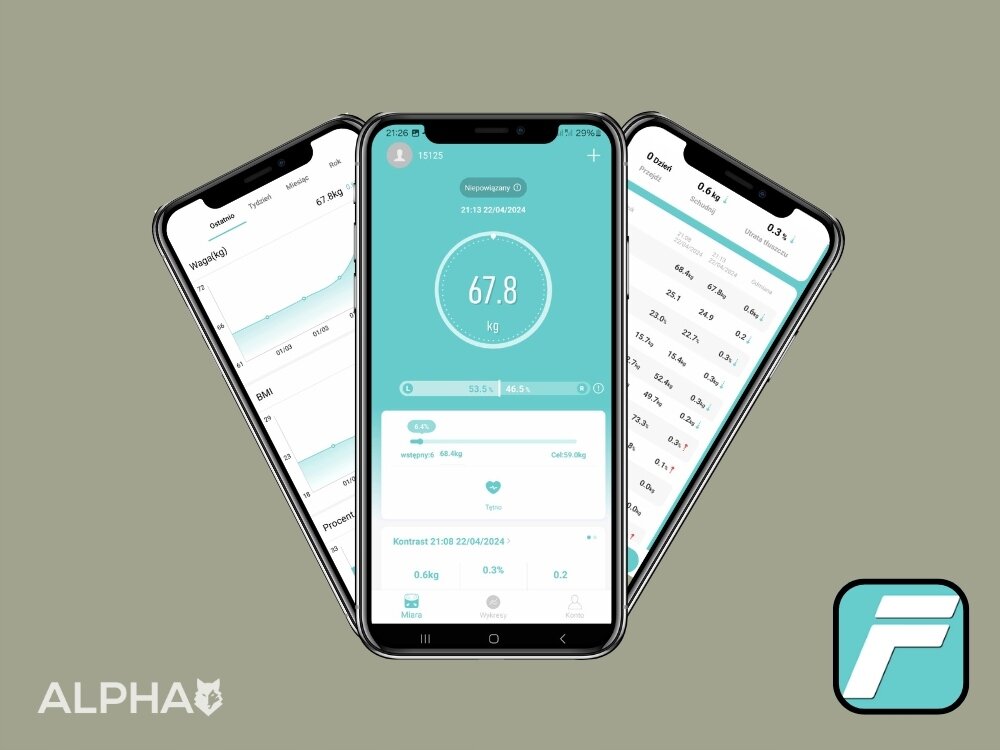 Trzy smartfony wyświetlają aplikację do monitorowania wagi z centralnym ekranem pokazującym 67.8 kg. W lewym dolnym rogu widoczne jest logo ALPHA.