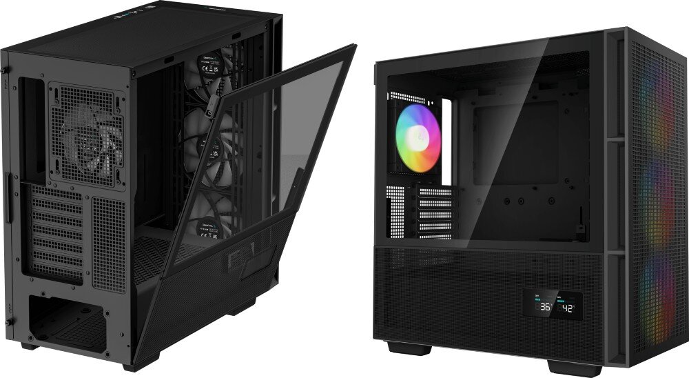 Obraz przedstawia czarną obudowę komputerową z przezroczystym panelem bocznym i wentylatorami RGB. Na przednim panelu widoczny jest cyfrowy wyświetlacz z temperaturą 36°C i 42°C.