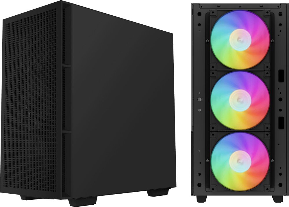 Obraz przedstawia czarną obudowę komputerową z przodu i z boku. Widoczne są trzy wentylatory z podświetleniem RGB na przednim panelu.