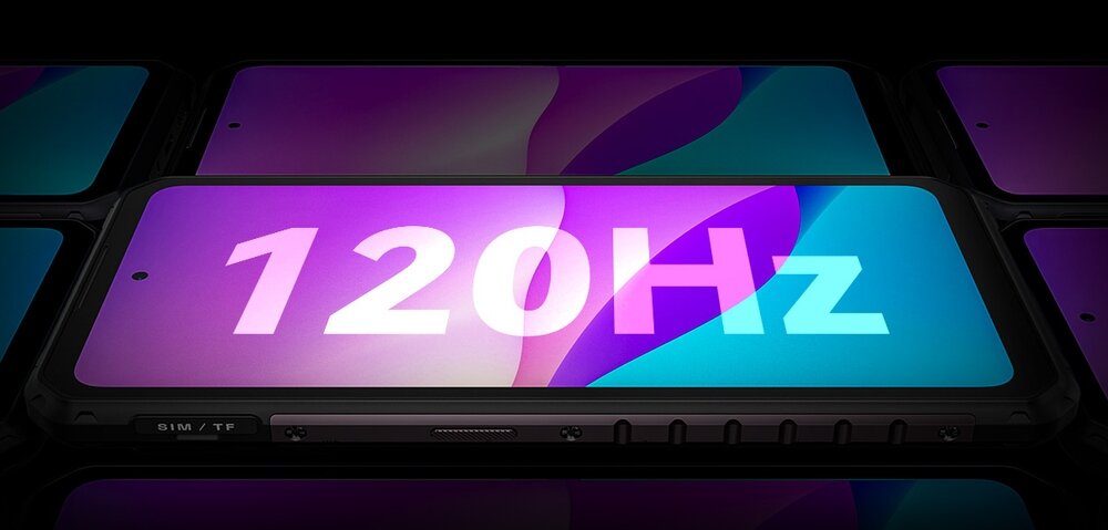 Obraz przedstawia smartfon z wyświetlaczem, na którym widoczny jest duży napis \'120Hz\'.