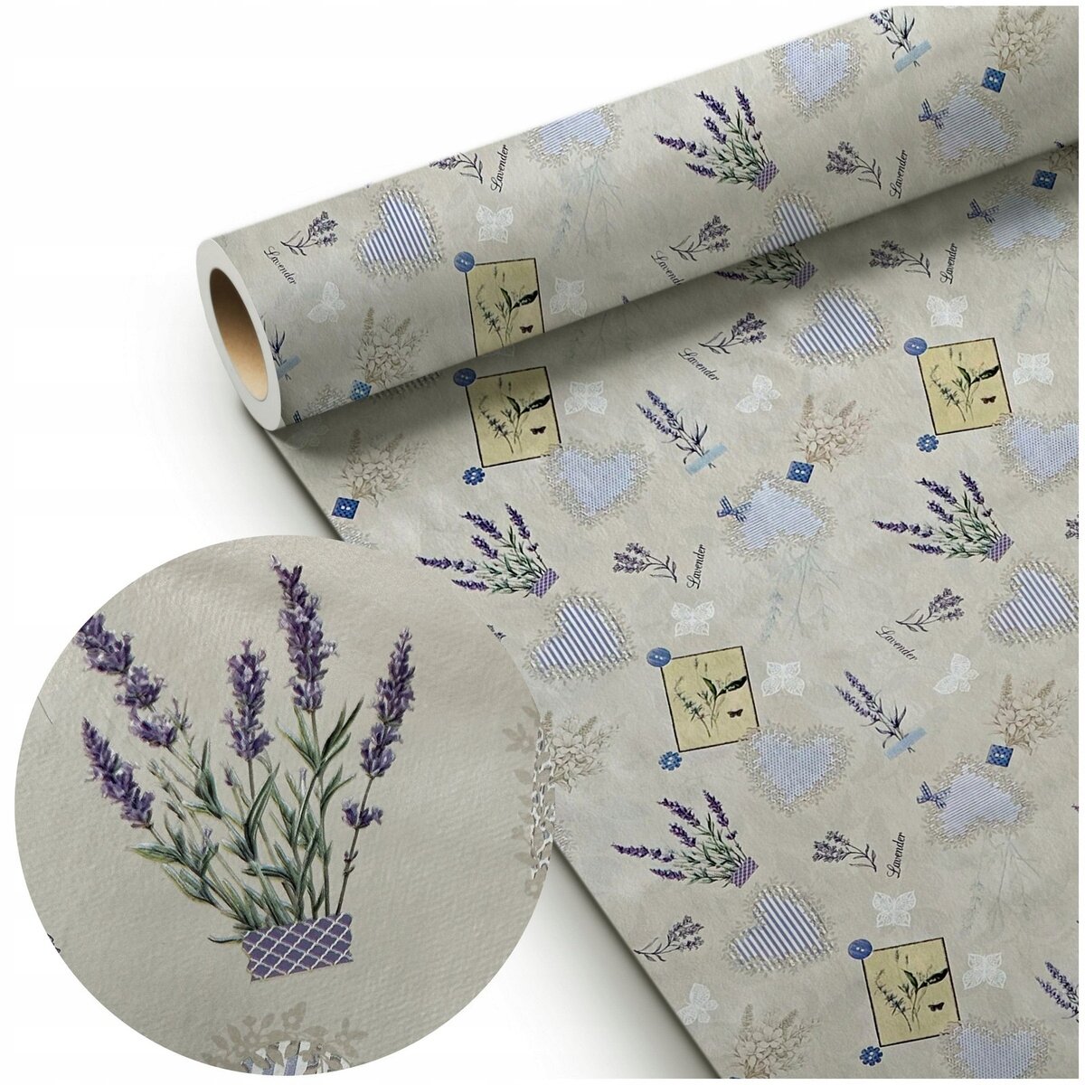 Obraz przedstawia rolkę ceraty z dekoracyjnym wzorem w lawendowe motywy, serca i motyle na jasnym tle. Wzór zawiera również napisy \'Lavender\' oraz ilustracje roślin w doniczkach.