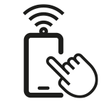 Czarna ikona przedstawiająca smartfon z falami sygnału nad nim i dłonią wskazującą na ekran.