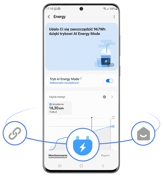 Ekran smartfona z aplikacją pokazującą oszczędność energii w trybie AI Energy Mode, z informacją o zaoszczędzeniu 967Wh. Widoczny jest wykres zużycia energii oraz ikony związane z monitorowaniem i oszczędzaniem energii.