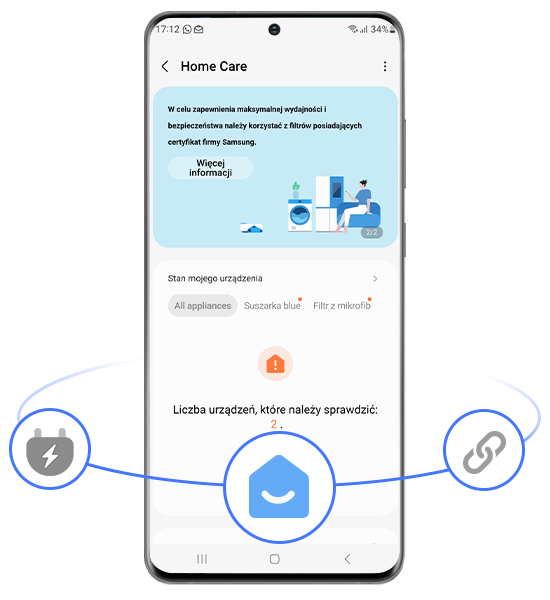 Ekran smartfona z aplikacją \'Home Care\' pokazuje komunikat: \'W celu zapewnienia maksymalnej wydajności i bezpieczeństwa należy korzystać z filtrów posiadających certyfikat firmy Samsung.\' oraz informację o liczbie urządzeń do sprawdzenia: 2.