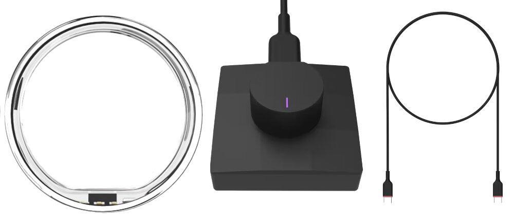 Na obrazie widoczny jest srebrny pierścień, czarna stacja ładująca z podłączonym kablem oraz osobny kabel USB. Stacja ładująca ma okrągły element z fioletowym wskaźnikiem.
