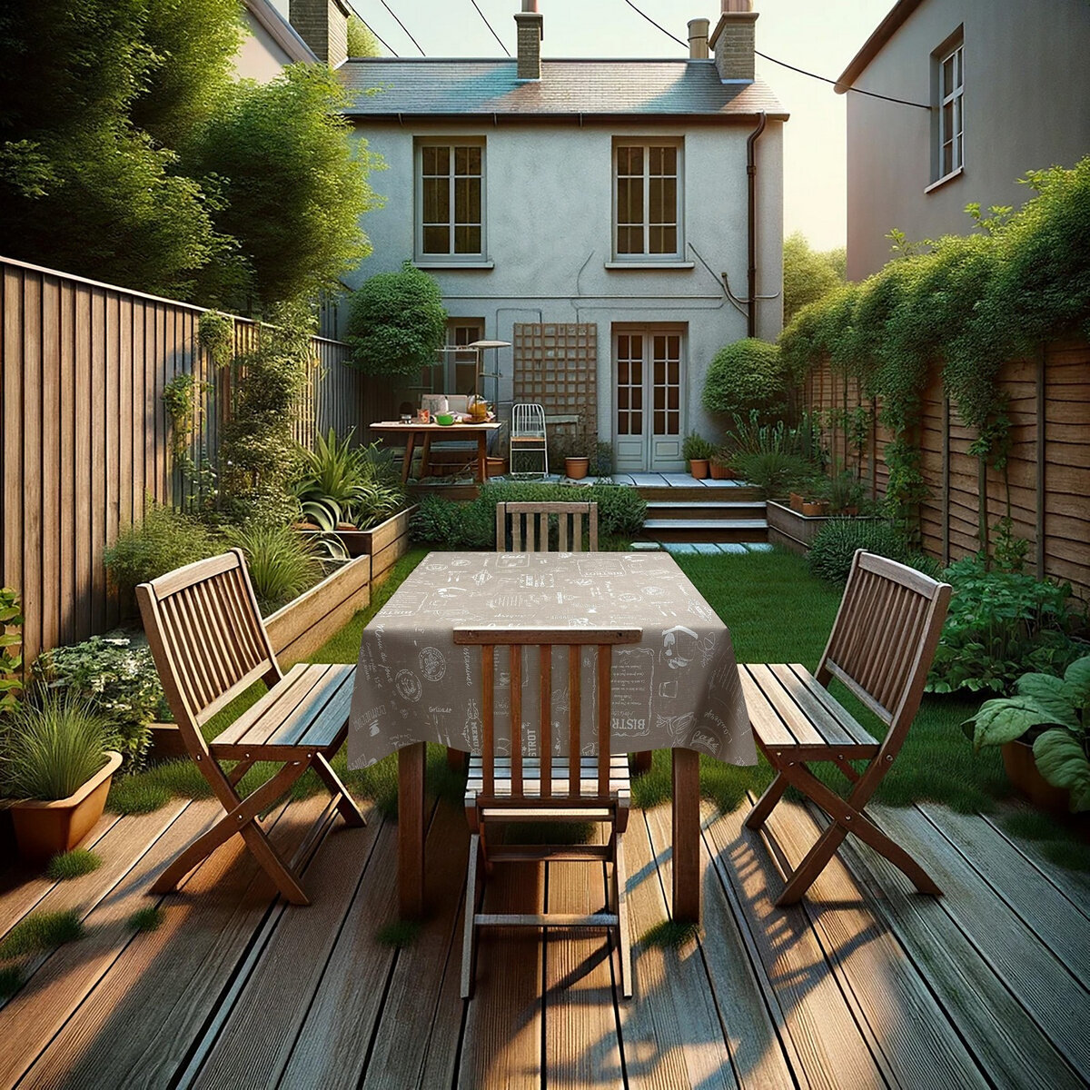 Ogród z drewnianym tarasem, na którym stoi stół przykryty ceratą z dekoracyjnym wzorem. W tle widoczny jest dom z dużymi oknami i drzwiami prowadzącymi do ogrodu.