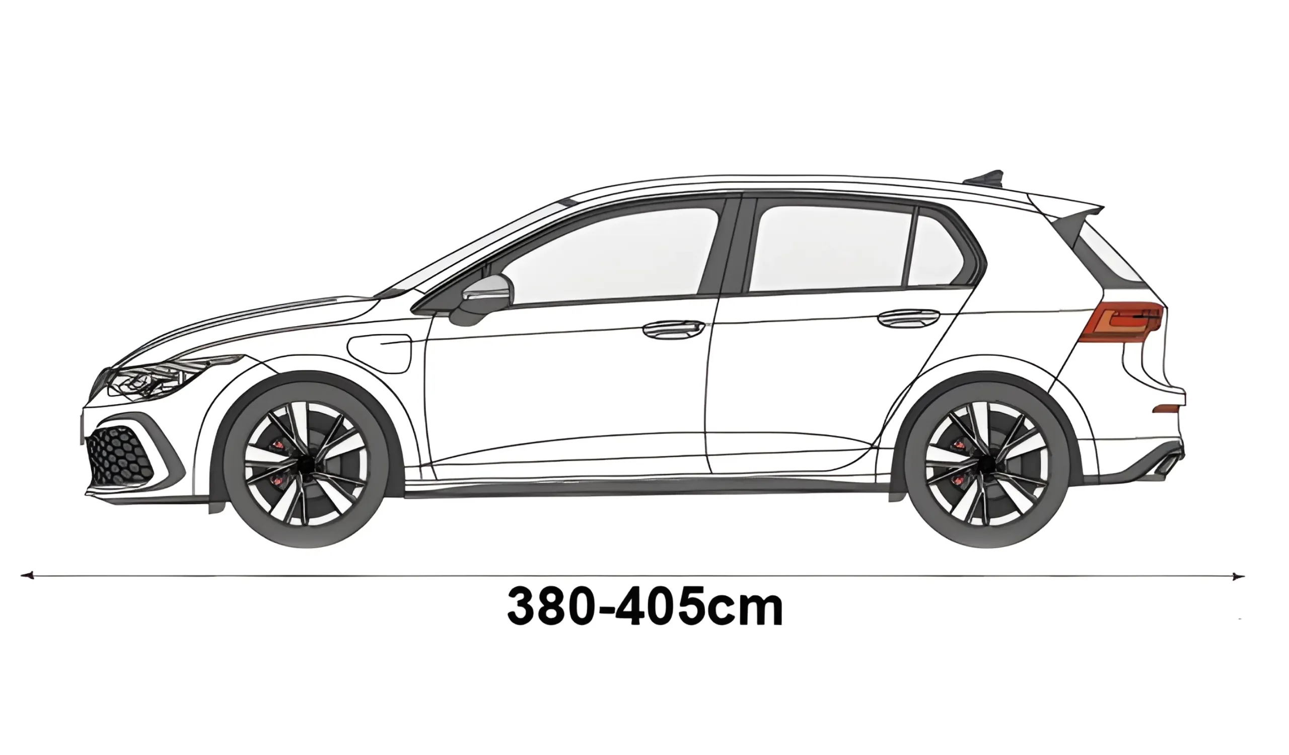 Ilustracja przedstawia zarys samochodu typu hatchback z zaznaczonymi wymiarami 380-405 cm.