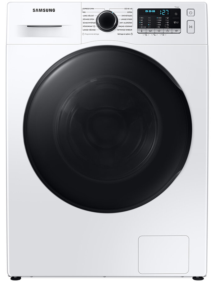 Biała pralko-suszarka z dużym, czarnym bębnem i panelem sterowania z wyświetlaczem cyfrowym. Widoczne logo \'SAMSUNG\' oraz pokrętło do wyboru programów prania.