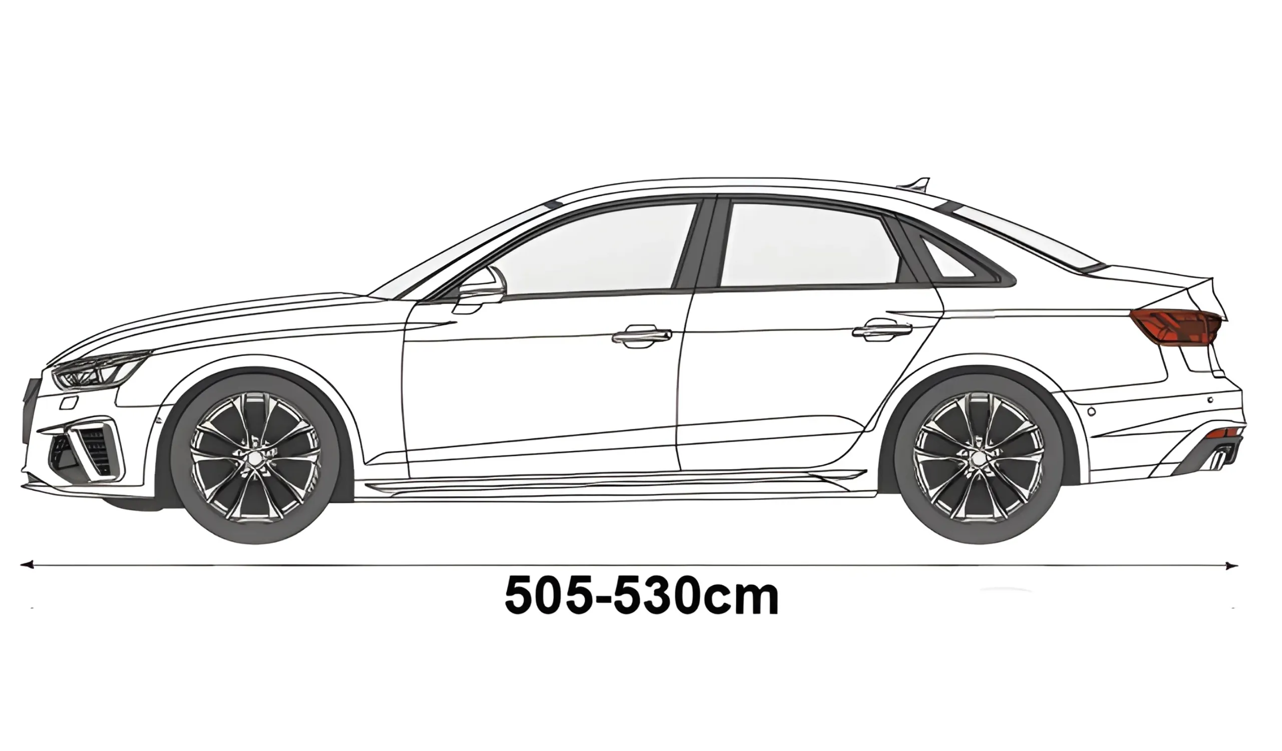 Ilustracja przedstawia zarys samochodu sedan z zaznaczonymi wymiarami 430-455 cm.